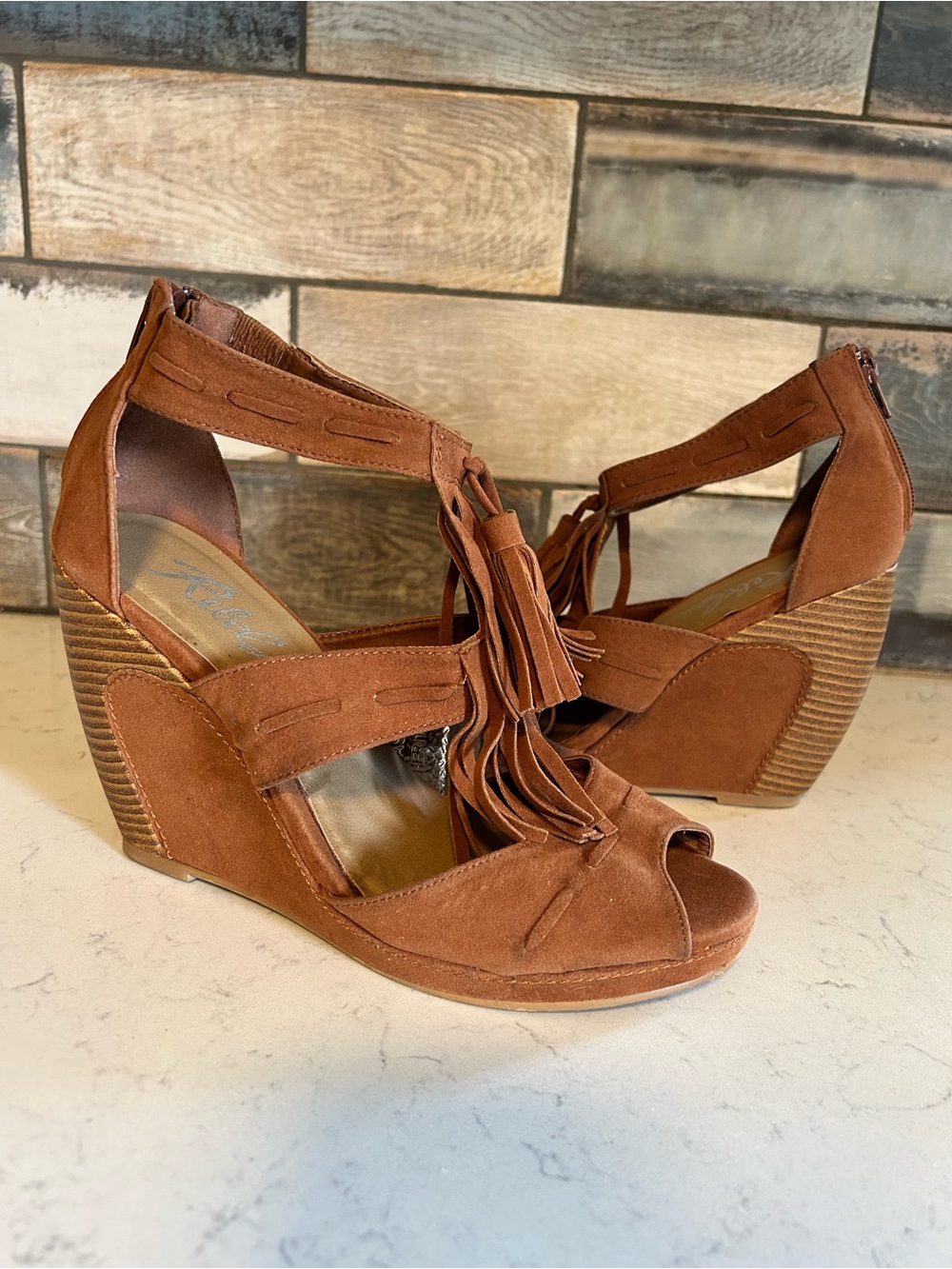 Rebels Ascot Faux Suede Leather Fringe Tasseled Boho Wedge Heel Sandals